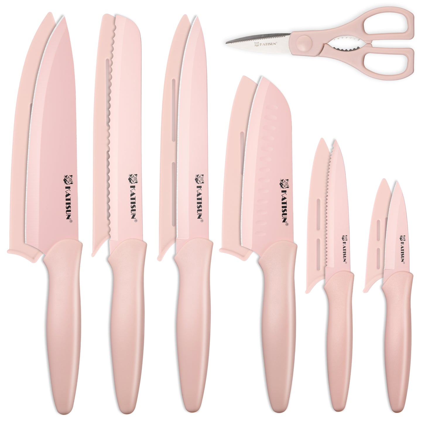 13 Piece Pink Coding Stainless Steel Knives Set, Anti-Rust and Dishwasher Safe, 6 Knives, 6 Sheaths, and One Shear