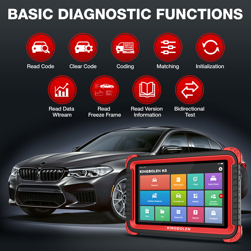 KINGBOLEN K8 Auto Full System Diagnostic Tools 28 Reset Function ECU Coding Bi-directionnal 2 Years Free Update OBD2 Scanner