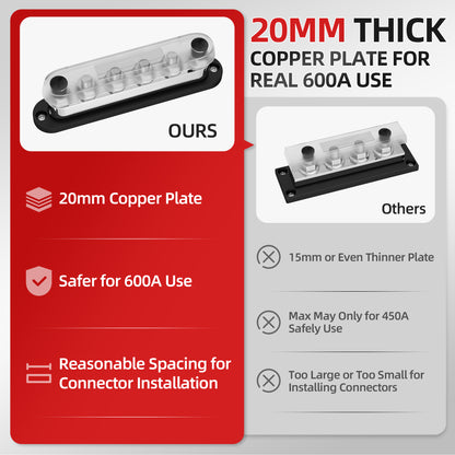 Waterproof 600A Bus Bar High Current Terminal Block 6X 3/8" Post (M10) Busbar Terminal Block with Cover