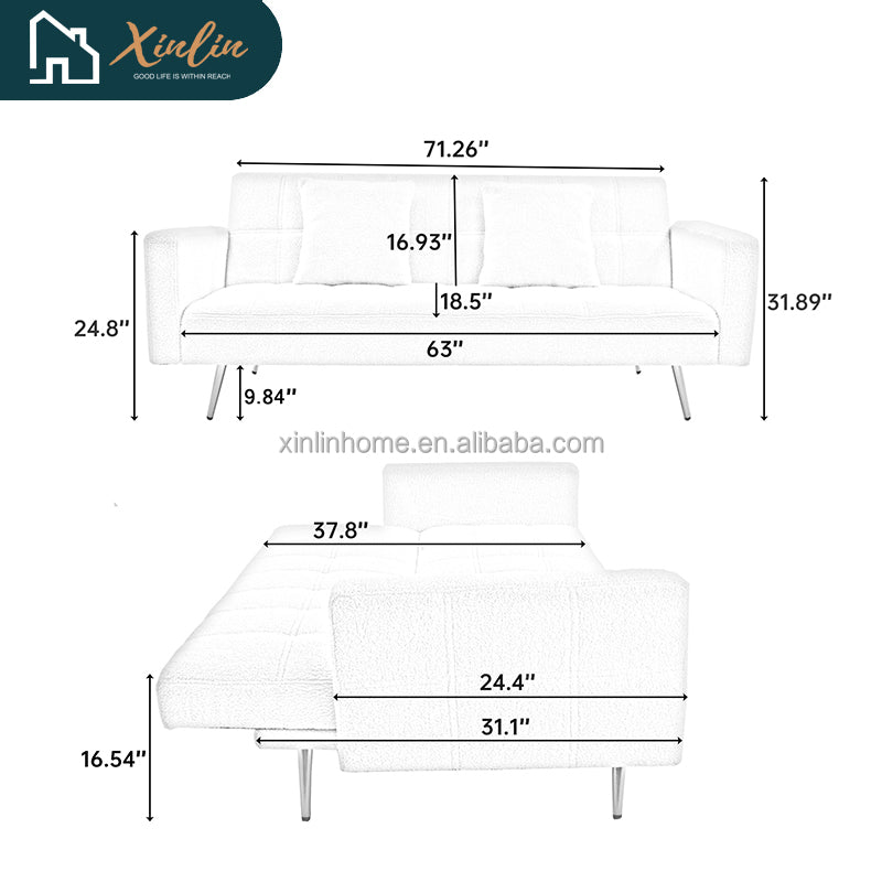 Green Teddy Velvet Futon Sofa Bed 71.7 Inch Free Shipping for Living Room & Bedroom with Two Throw Pillows Included