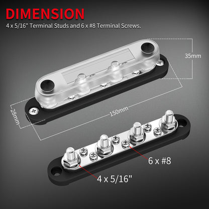 Bus Bar Terminal 150A Connector Busbar 4X 5/16" Post(M8) 6X #8 Screw Waterproof Terminal Block With Cover