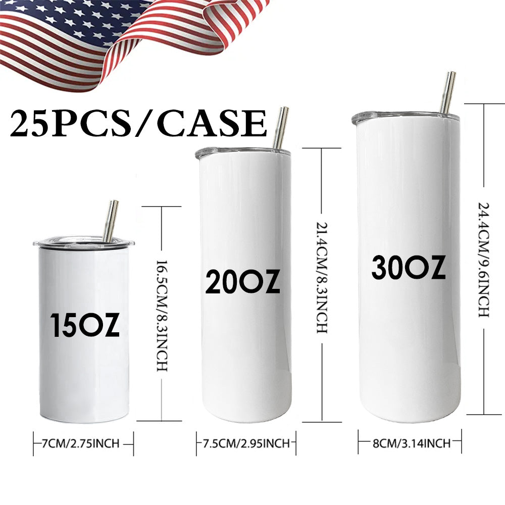 USA Warehouse 20oz 30oz White Sublimation Blanks Stainless Steel Skinny Straight Sublimation Tumblers With Straw Wholesale Bulk