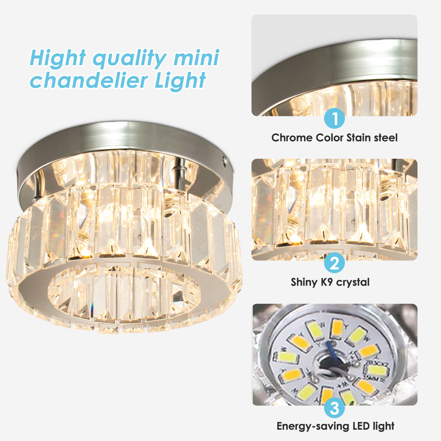 Modern White Exquisite Mini Crystal Chandelier LED Circular Ceiling Light Glass Metal Hotel Balcony Bedroom Corridor Lighting