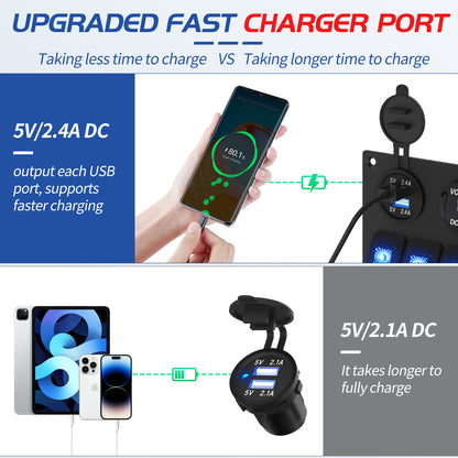 IP65 5 Gang Panel Switch Marine Electrical SPST Single Blue LED Rocker Switch Panel With  DC Socket Voltmeter 4.8A USB Charger