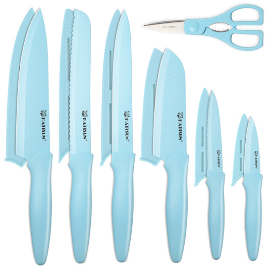 13 Piece Non-stick Coating Stainless Steel Knives Set, Anti-Rust and Dishwasher Safe, 6 Knives, 6 Blade Covers, and One Shear