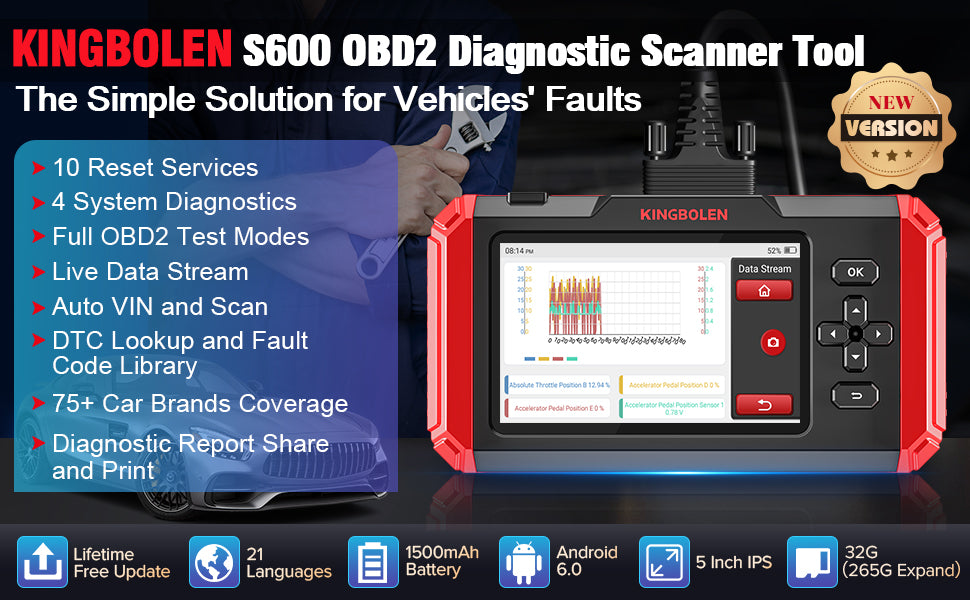 Kingbolen S600 Auto Scanner OBD2 Diagnostic Tool for All Cars With 8 Resets As CRP123X