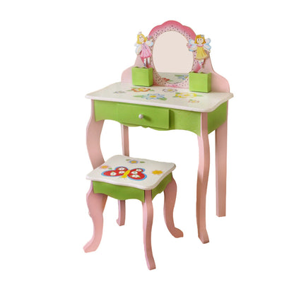 Princess Vanity Make up Table Wooden Dressing Table with Mirror and Stool for Kids