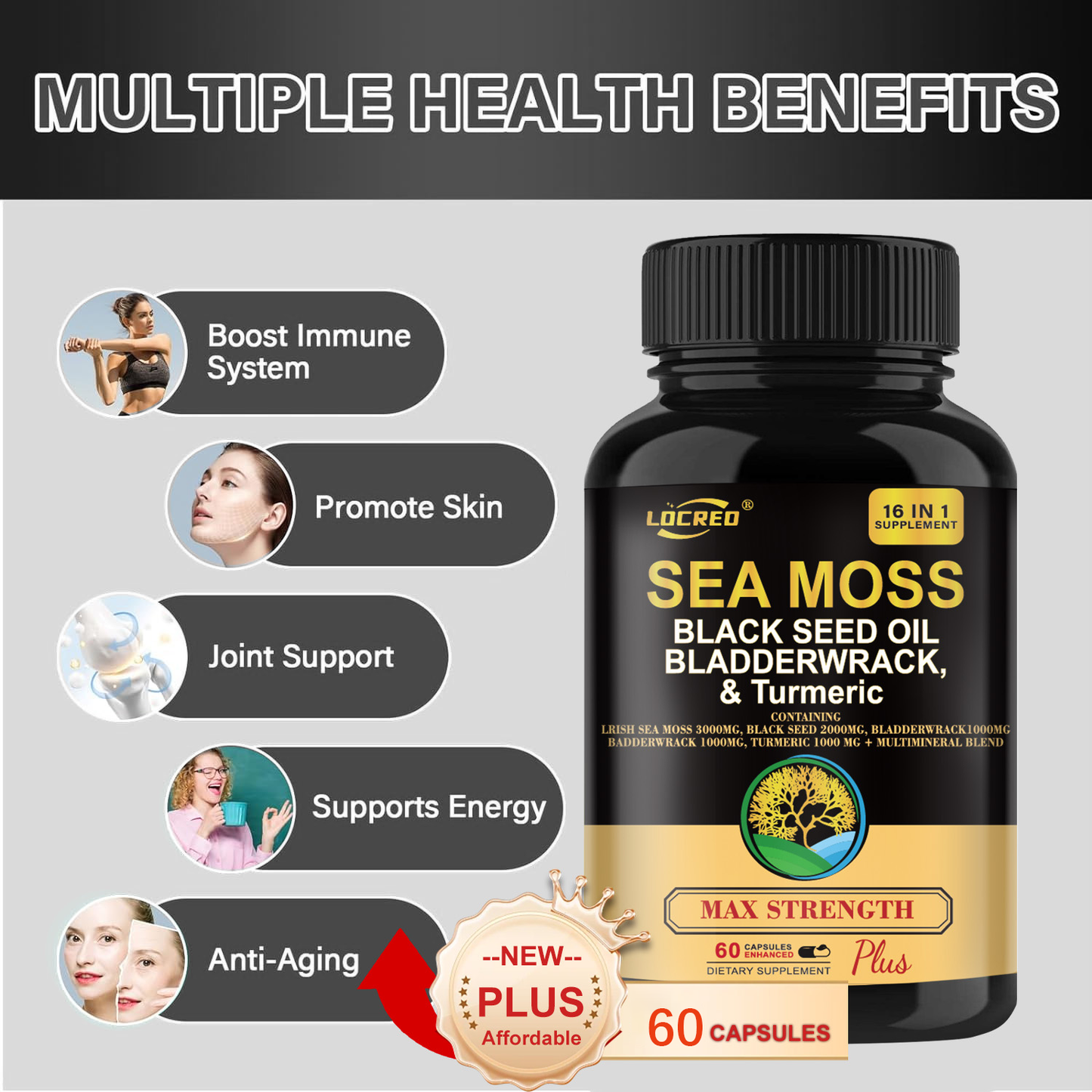 Sea Moss with Black Seed Oil  Bladder Wrack  Turmeric 16-in-1 Supplements Joint Support  Sea Moss Capsule for Man and Women