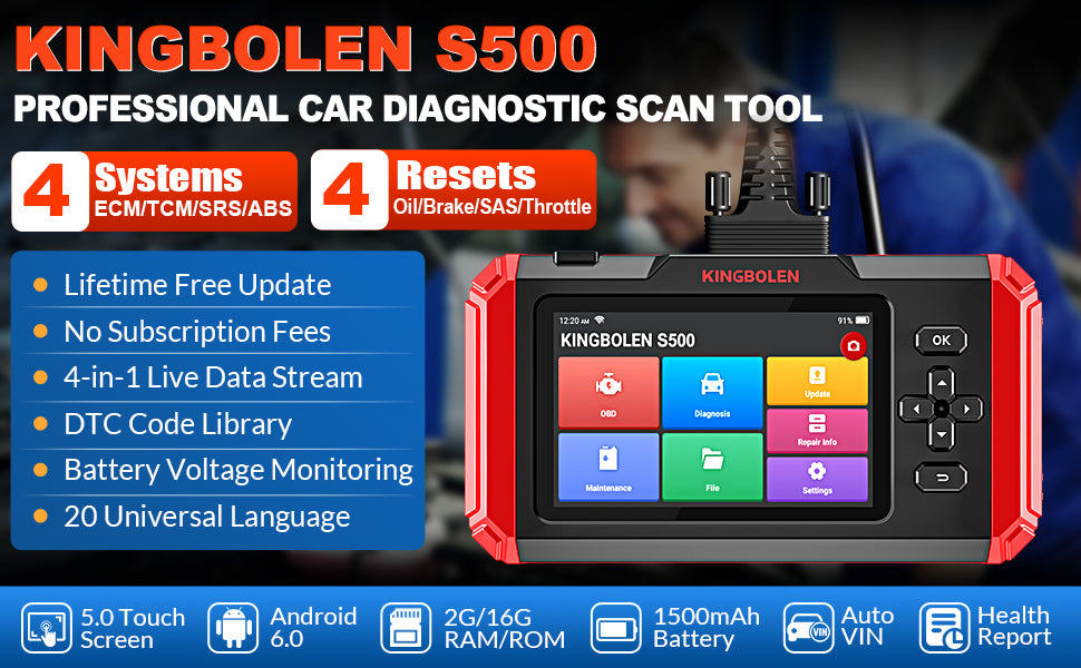 Kingbolen S500 OBD2 Diagnostic Scanner 4 System Automotive Scan Tool With 6 Resets Lifetime Free Update