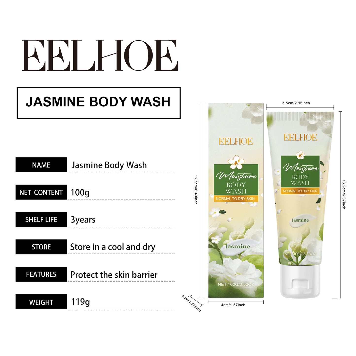 EELHOE Jasmine Moisturizing and Revitalizing Shower Gel Body Skin Gentle Cleansing Smooth Moisturizing Fragrant Shower Gel