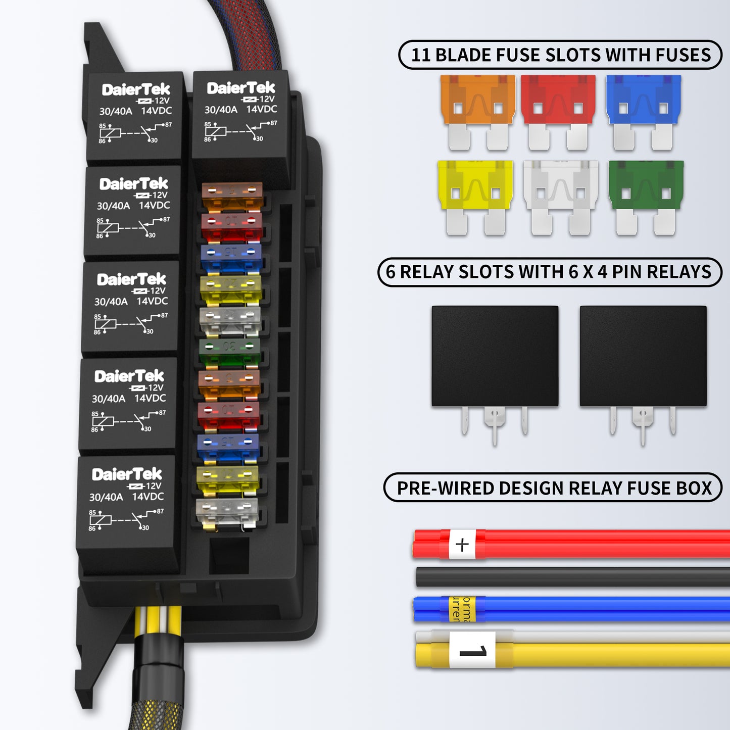 Automotive 11 Way  Pre-Wired 4 Pin Relay Holder Socket 12V  Automotive 11 Fuse Slots Control Relay Box Block  for Vehicles Car