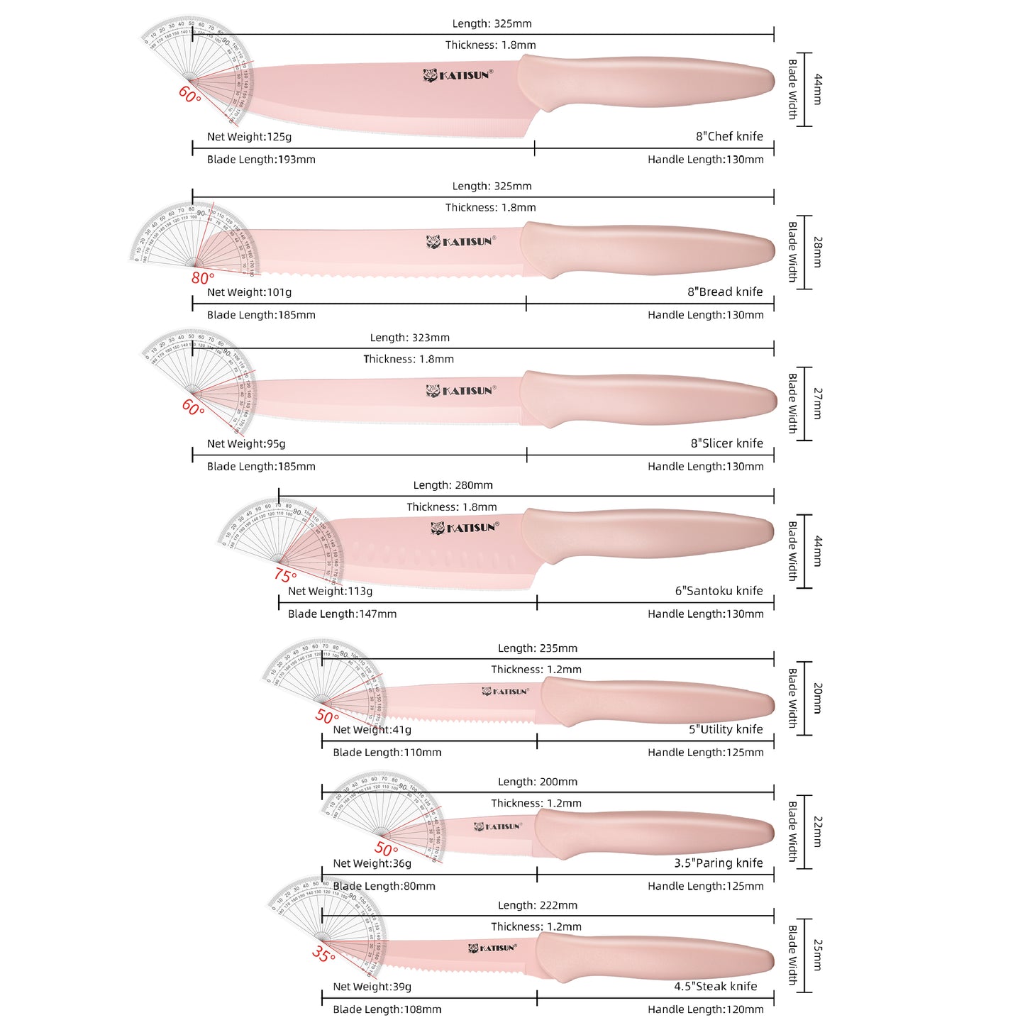 13 Piece Pink Coding Stainless Steel Knives Set, Anti-Rust and Dishwasher Safe, 6 Knives, 6 Sheaths, and One Shear