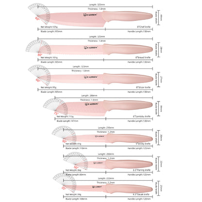 13 Piece Pink Coding Stainless Steel Knives Set, Anti-Rust and Dishwasher Safe, 6 Knives, 6 Sheaths, and One Shear