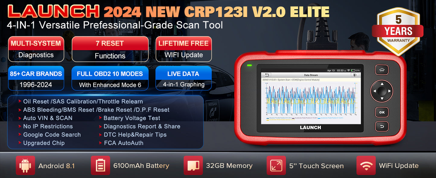 LAUNCH  CRP123I V2.0 OBD2 Scanner Four System Scan Tool With 7 Resets Lifetime Free As CRP123X