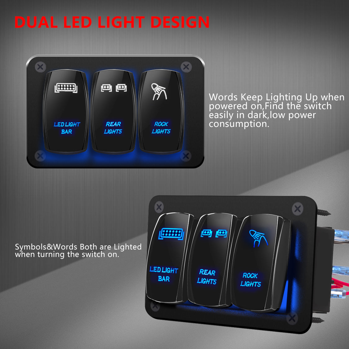 20A 12VDC on OFF SPST 5 Pins Dual Blue LED Light Bar Rear Rock Lights 3 Gang  Waterproof Marine Rocker Switch Panel for RV Jeep