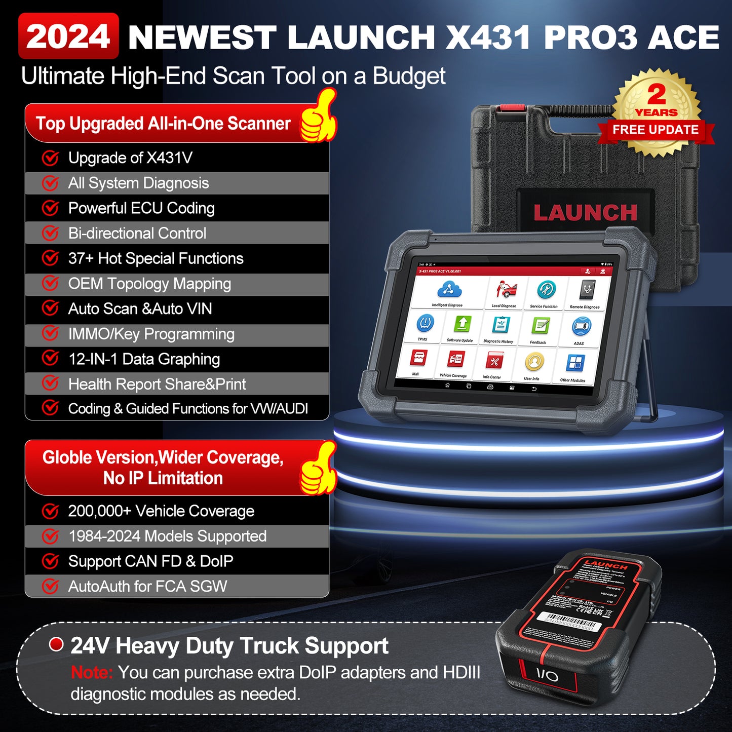 Launch X431 PRO3 ACE Elite CAN FD&DOIP Diagnostic Tool Machine for All Cars Online ECU Coding OBD2 Scanner With