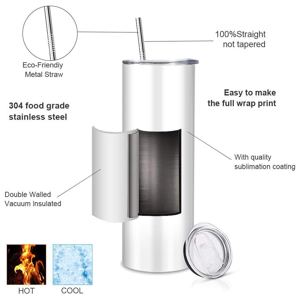 USA Warehouse 20oz 30oz White Sublimation Blanks Stainless Steel Skinny Straight Sublimation Tumblers With Straw Wholesale Bulk