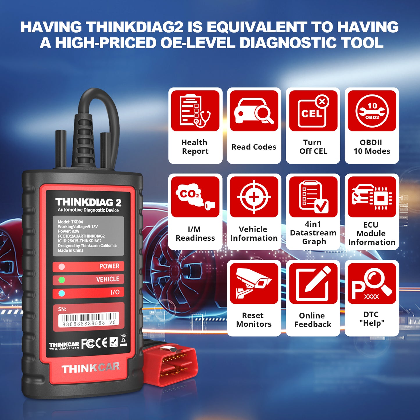 Thinkdiag 2 OBD2 Scanner Support CAN FD Protocols Fit for Car Brands Free Full Softwares 16 Reset Functions ECU Code