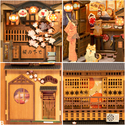 CuteBee Handmade Craft Japanese Theme Sakura Theme Diy Book Nook with Light Night Light Model Dollhouse