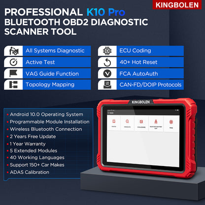 KINGBOLEN K10 PRO 10 Inch Tablet ALL System Diagnostic Tool ECU Coding Active Test 34 Reset 2 Years Free Update