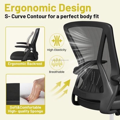 Mid Back Mesh Office Chair, Ergonomic Office Chair with Flip-Up Arms , Swivel Adjustable Computer Desk Chair 300lbs, Black