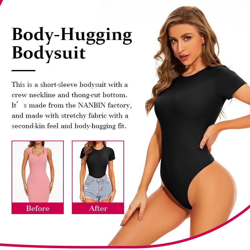 Wholesale Round Neck Short Sleeve Basic Onesie Bodysuit Fashion Black Solid T Shirt Shapewear Bodysuit Top for Women